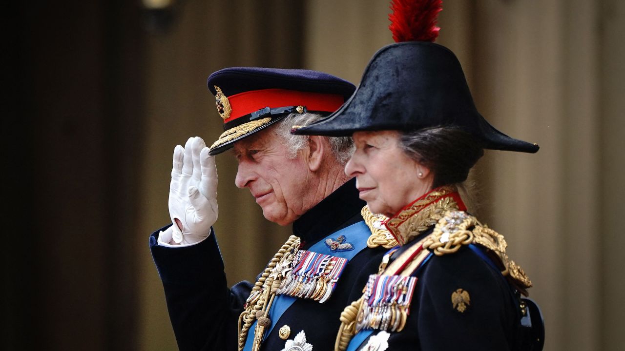 Britain's King Charles III and Princess Anne, Princess Royal, attend the official ceremony presenting the new Sovereign's Standard to The Blues and Royals, at Buckingham Palace, in London, on June 15, 2023.