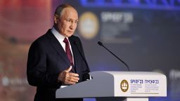 Russian President Vladimir Putin delivers a speech during a session of the St. Petersburg International Economic Forum (SPIEF) in Saint Petersburg, Russia, June 16, 2023. 