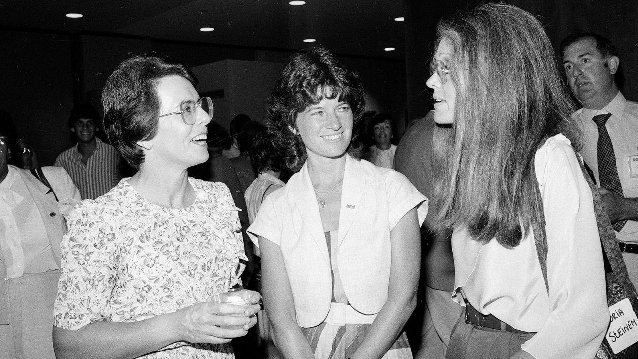 Tennis star Billie Jean King (left), astronaut Sally Ride (center) and Ms. Magazine editor Gloria Steinem are seen during a reception hosted by the Girls Club of America and Ms. Magazine in honor of Dr.  Sally Ride in New York on August 10, 1983. (AP Photo)