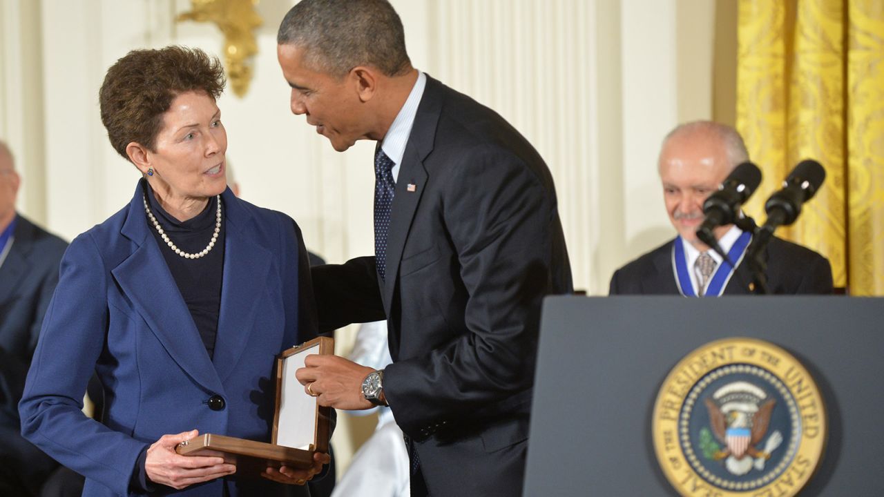 Mandatory Credit: Photo by Kevin Dietsch/UPI/Shutterstock (12373515v) Tam O'Shaughnessy accepts a Presidential Medal of Freedom on behalf of her late partner NASA astronaut Sally Ride at the White House in Washington, DC November 20, 2013.  President Barack Obama awards the Presidential Medal of Freedom in Washington, District of Columbia, U.S. - November 20, 2013