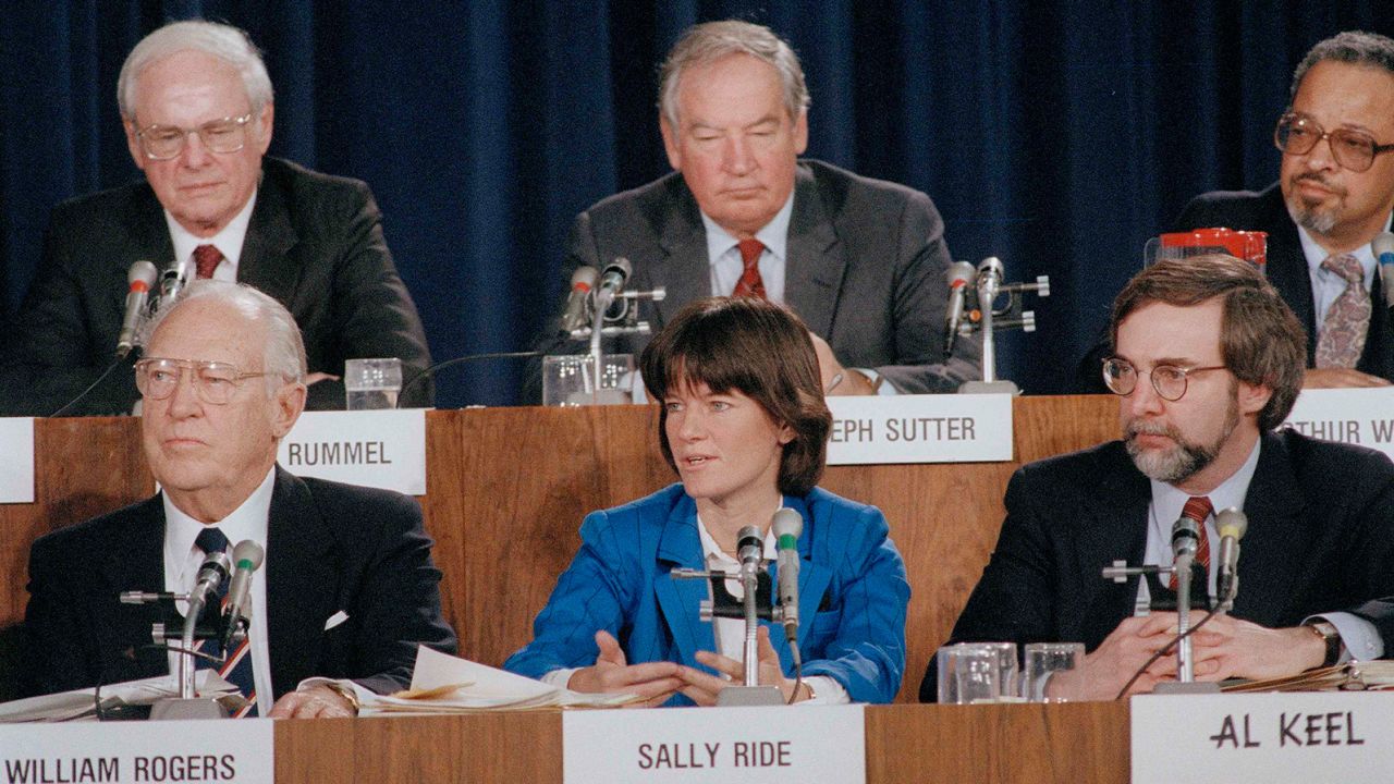 Presidential Committee of Inquiry into the explosion of the space shuttle Challenger following its ill-fated launch during hearings at the State Department in Washington, DC February 25, 1986. Pictured front are from left to right;  William Rogers, Sally Ride and Al Keel.  (AP Photo/Charles Tasnadi)