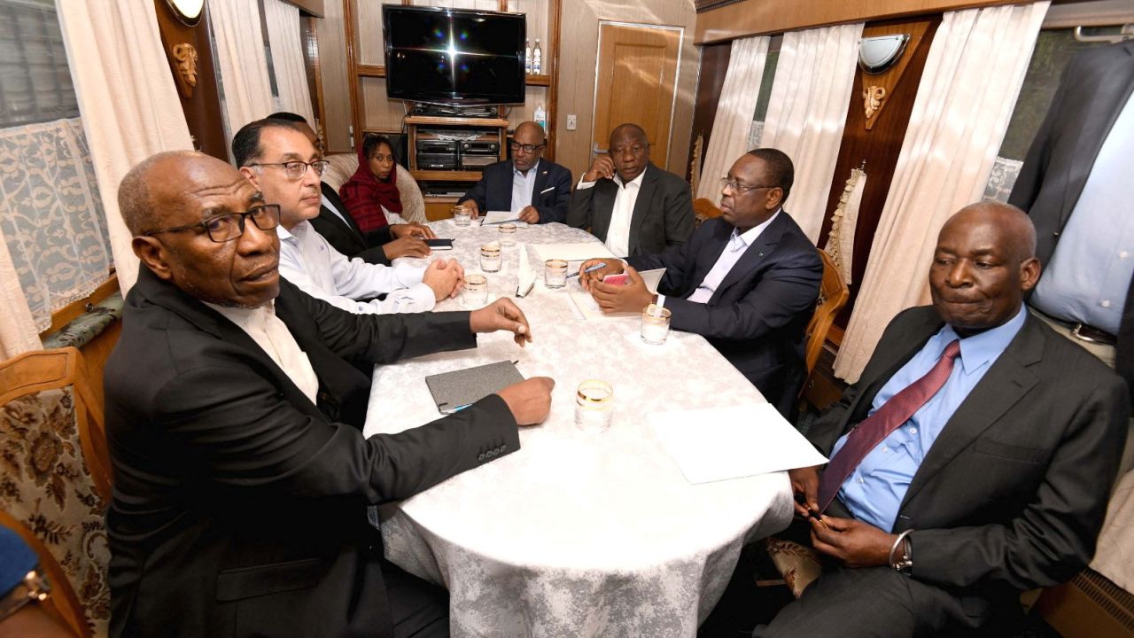 African Heads of State and Government, including South Africa's President Cyril Ramaphosa, participating in the African Leaders Peace Mission, hold a consultation while en route from Warsaw to Kyiv by train, 15 June 2023.