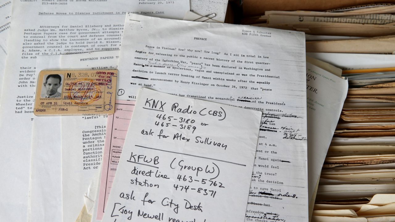 Some of the papers from the archive of Daniel Ellsberg are pictured at UMass Amherst in Amherst, MA on September 19, 2019. 