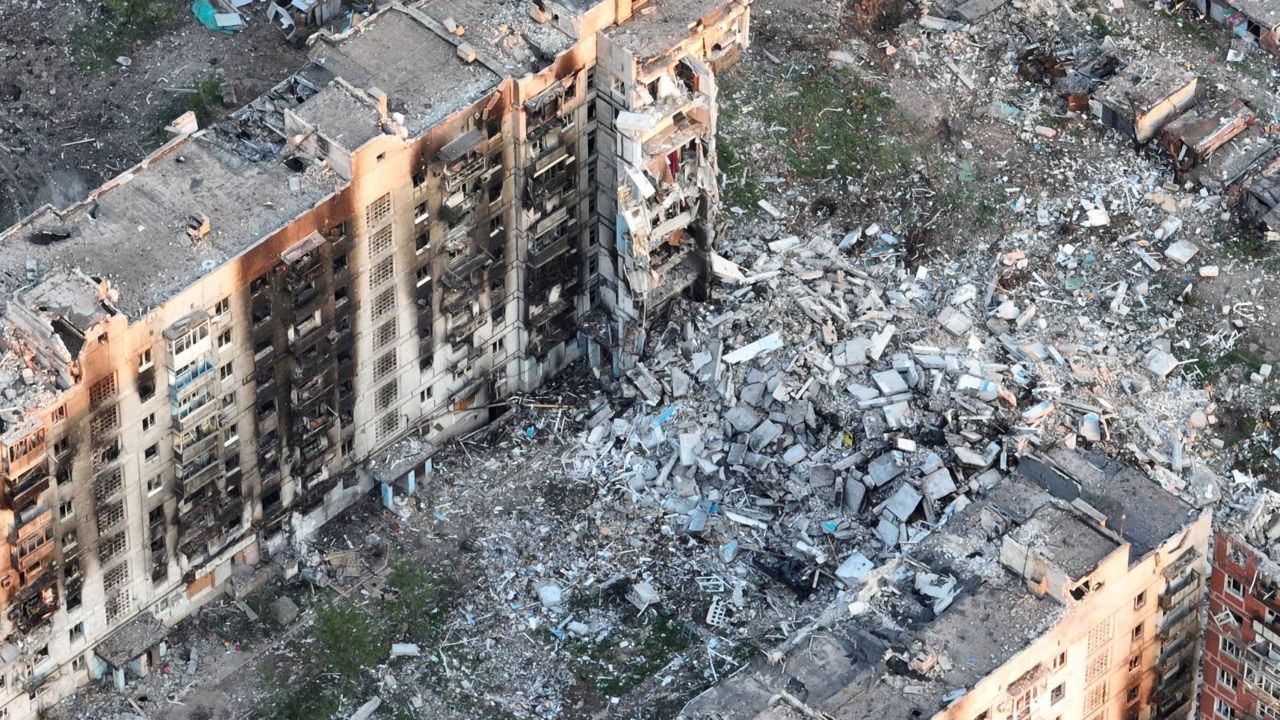 Destruction in the city of Bakhmut after hostilities on June 1, 2023.