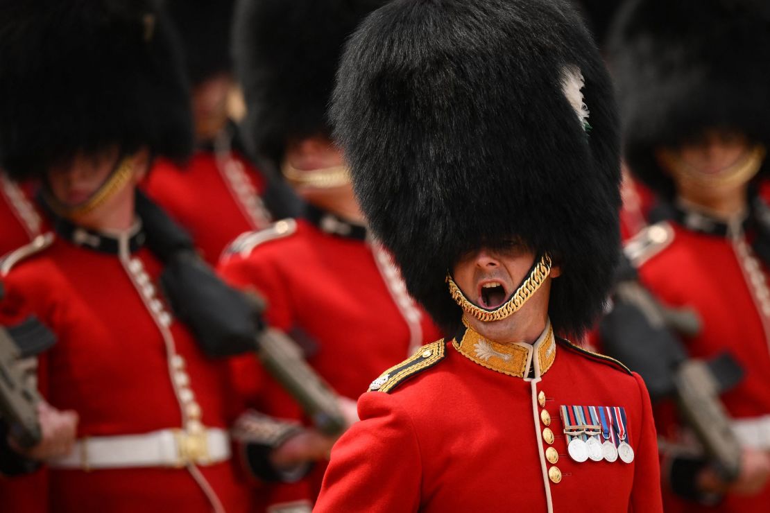 Members of the Welsh Guards perform on Horse Guards Parade.