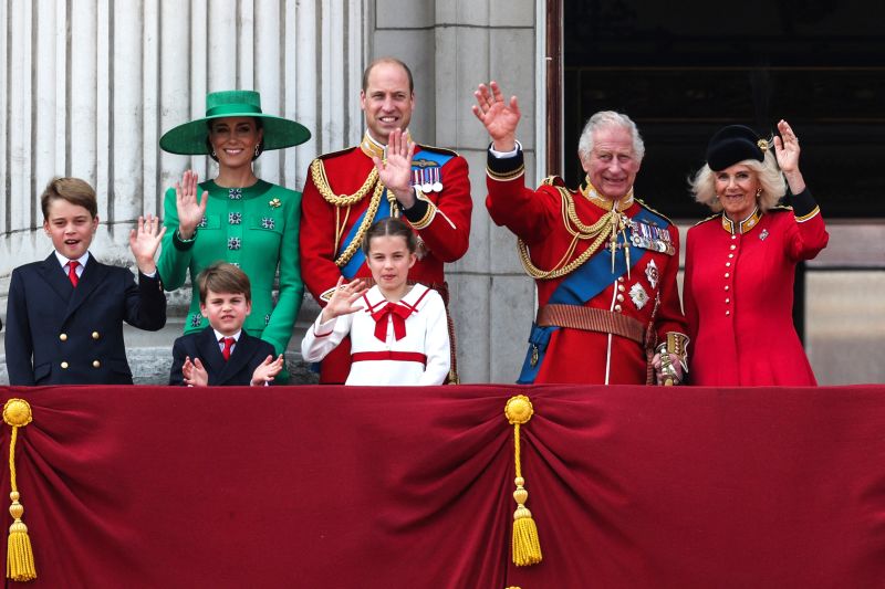 King Charles, Queen Camilla and the Wales family wave from the Buckingham Palace balcony after attending the King's birthday parade in London last June.