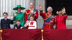 (L-R) Britain's Prince George of Wales, Britain's Catherine, Princess of Wales, Britain's Prince Louis of Wales, Britain's Prince William, Prince of Wales, Britain's Princess Charlotte of Wales, Britain's King Charles III and Britain's Queen Camilla wave from the balcony of Buckingham Palace after attending the King's Birthday Parade, 'Trooping the Colour', in London on June 17, 2023. The ceremony of Trooping the Colour is believed to have first been performed during the reign of King Charles II. Since 1748, the Trooping of the Colour has marked the official birthday of the British Sovereign. Over 1500 parading soldiers and almost 300 horses take part in the event.
