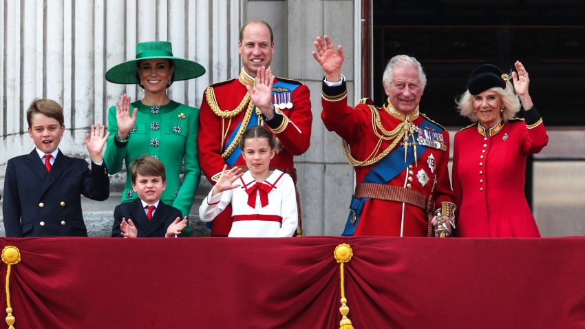 (L-R) Britain's Prince George of Wales, Britain's Catherine, Princess of Wales, Britain's Prince Louis of Wales, Britain's Prince William, Prince of Wales, Britain's Princess Charlotte of Wales, Britain's King Charles III and Britain's Queen Camilla wave from the balcony of Buckingham Palace after attending the King's Birthday Parade, 'Trooping the Colour', in London on June 17, 2023. The ceremony of Trooping the Colour is believed to have first been performed during the reign of King Charles II. Since 1748, the Trooping of the Colour has marked the official birthday of the British Sovereign. Over 1500 parading soldiers and almost 300 horses take part in the event.