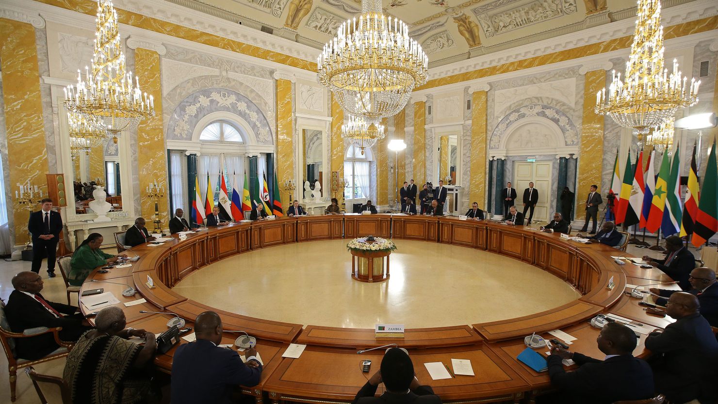 Russian President Vladimir Putin speaks during his meeting with African leaders at the Konstantin Palace in Strelna on June 17 in Saint Petersburg, Russia. 