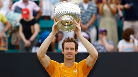 Tennis - - Nottingham Tennis Centre, Nottingham, Britain - June 18, 2023
Britain's Andy Murray celebrates with the trophy after winning the Nottingham Open in the final against France's Arthur Cazaux