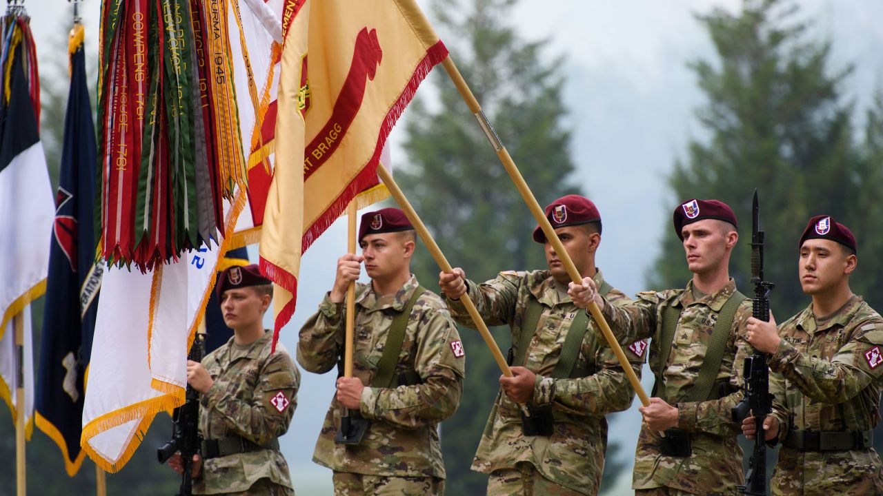 FORT BRAGG, NORTH CAROLINA - JUNE 2: Soldiers present the colors including the U.S. Army Garrison Commands Organizational Flag for Fort Bragg before its final casing during a ceremony redesignating Fort Bragg to Fort Liberty on June 2, 2023 in Fayetteville, North Carolina. Fort Liberty is the largest military installation by population in the United States. (Photo by Melissa Sue Gerrits/Getty Images)