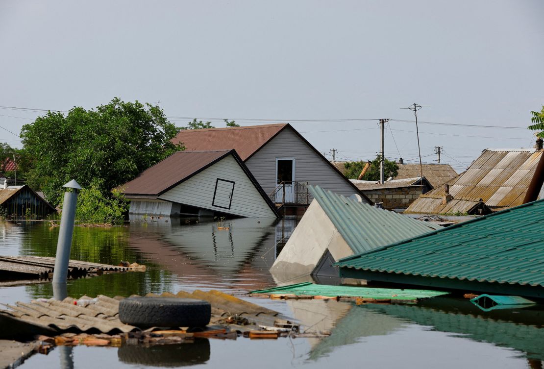 A flooded residential area following the Nova Kakhovka dam collapse in the town of Hola Prystan, in the Kherson region, Russian-controlled Ukraine, on June 8.