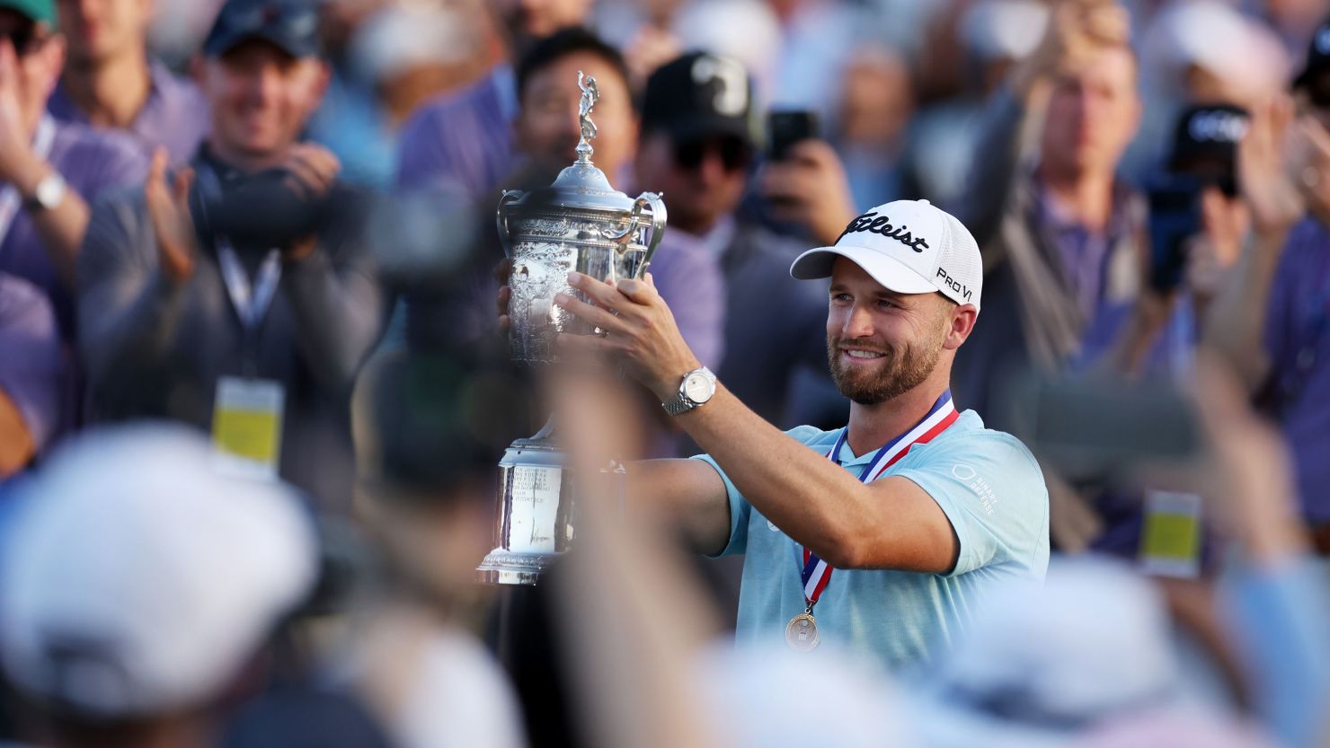 Wyndham Clark of the United States poses with the trophy after winning the 123rd U.S. Open Championship at Los Angeles Country Club in California.
