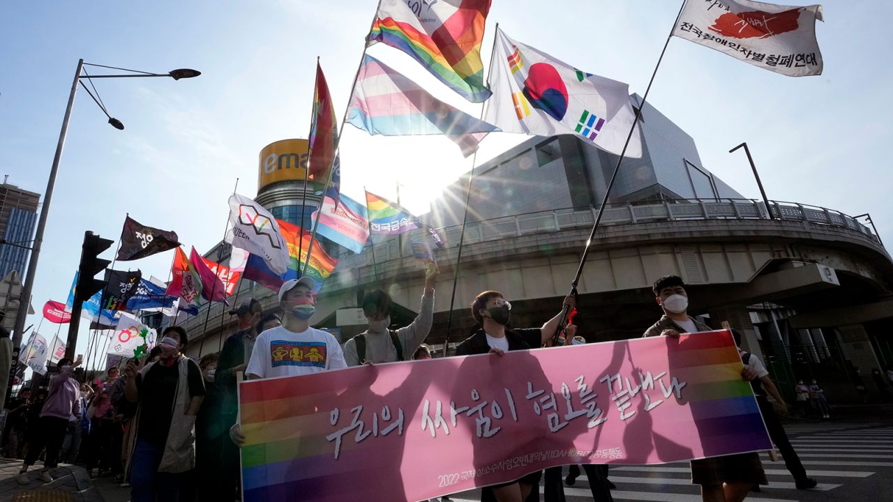 A rally by members of the LGBTQ community and its supporters in Seoul, South Korea, on May 14, 2022.