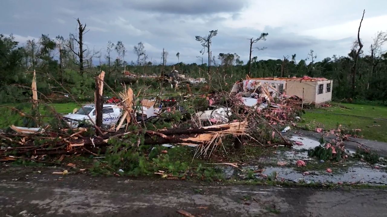 Daylight Monday reveals extensive tornado damage in Louin, Mississippi.