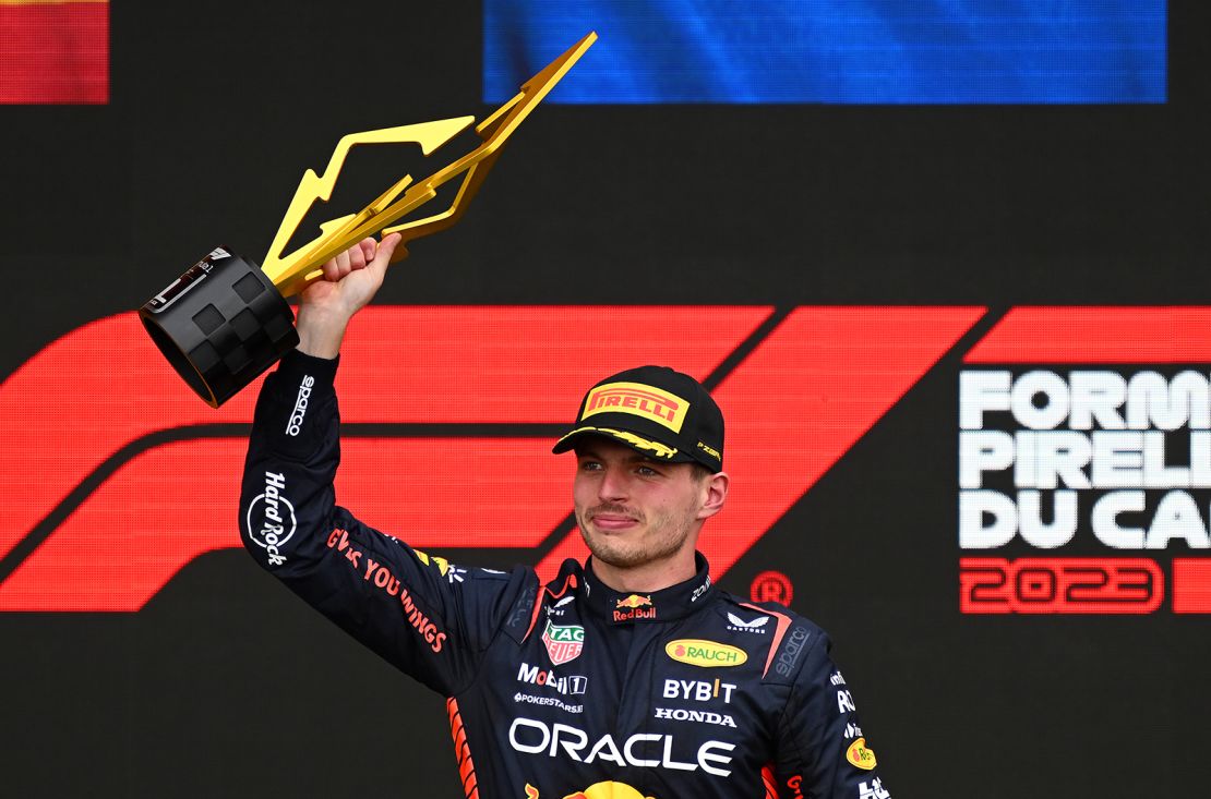 Race winner Max Verstappen of the Netherlands and Oracle Red Bull Racing celebrates on the podium during the F1 Grand Prix of Canada at Circuit Gilles Villeneuve on June 18, 2023 in Montreal, Quebec.