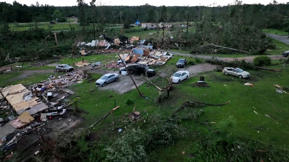 Ruins remain Monday after overnight storms in Louin, Mississippi.