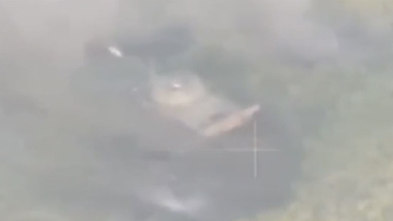 Drone video shows the tank static after apparently hitting a mine close to Ukrainian lines.