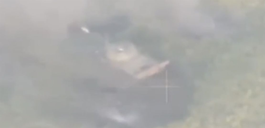 Drone video shows the tank static after apparently hitting a mine close to Ukrainian lines.