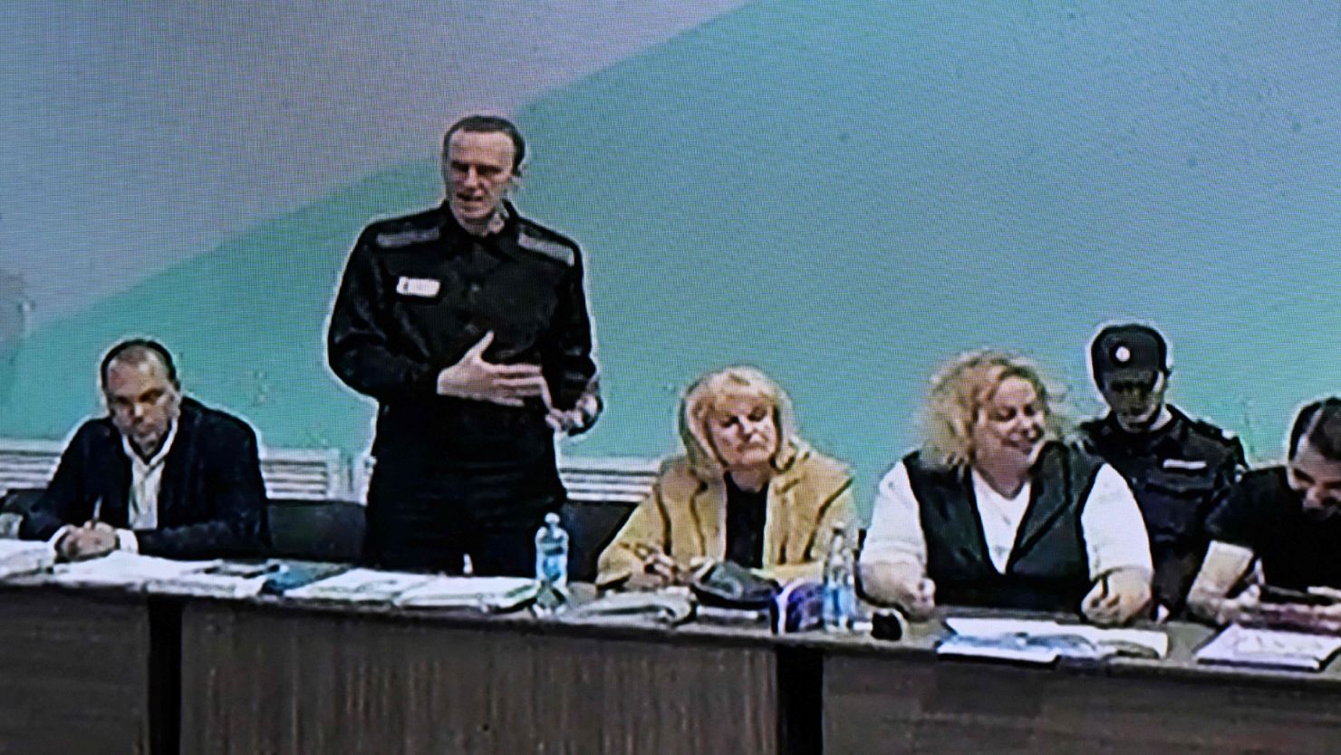 Navalny seen on a screen during his June trial, from which journalists were banned.
