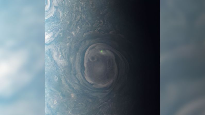 In this image captured on December 30, 2020, Juno spotted lightning striking near Jupiter's north pole.