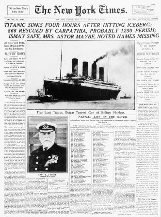 <strong>Lives lost from both sides of the Atlantic: </strong>The April 16,1912, front page of The New York Times announces the sinking of the Titanic. 