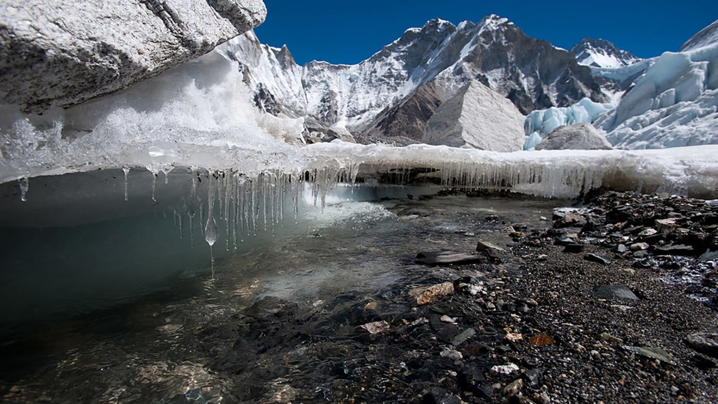 Water drips under Nepal's Khumbu glacier as the ice melts.