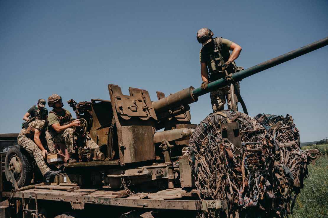 Ukrainian forces firing an S60 anti-aircraft canon placed on a truck on Juune 19, 2023.