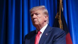 Republican presidential candidate former President Donald Trump leaves the stage after delivering remarks June 10, 2023 in Greensboro, North Carolina. 