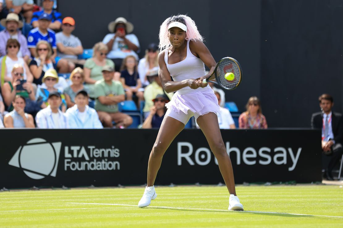 BIRMINGHAM, ENGLAND - JUNE 19: Venus Williams of United States plays a backhand against Camila Giorgi of Italy in the Women's First Round match during Day Three of the Rothesay Classic Birmingham at Edgbaston Priory Club on June 19, 2023 in Birmingham, England. (Photo by Stephen Pond/Getty Images for LTA)