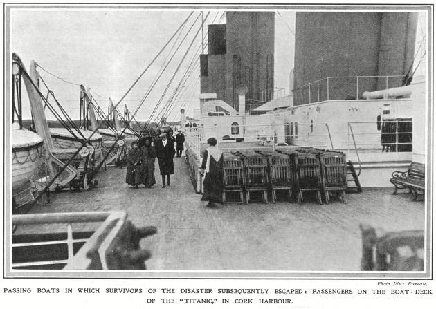 <strong>Passengers on deck:</strong> This photo was taken of some passengers walking the deck while the Titanic was docked in Cork, Ireland, before heading out to the open ocean.