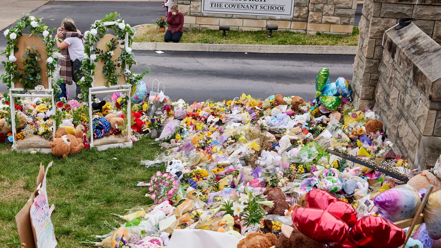 A memorial for the shooting victims at The Covenant School.