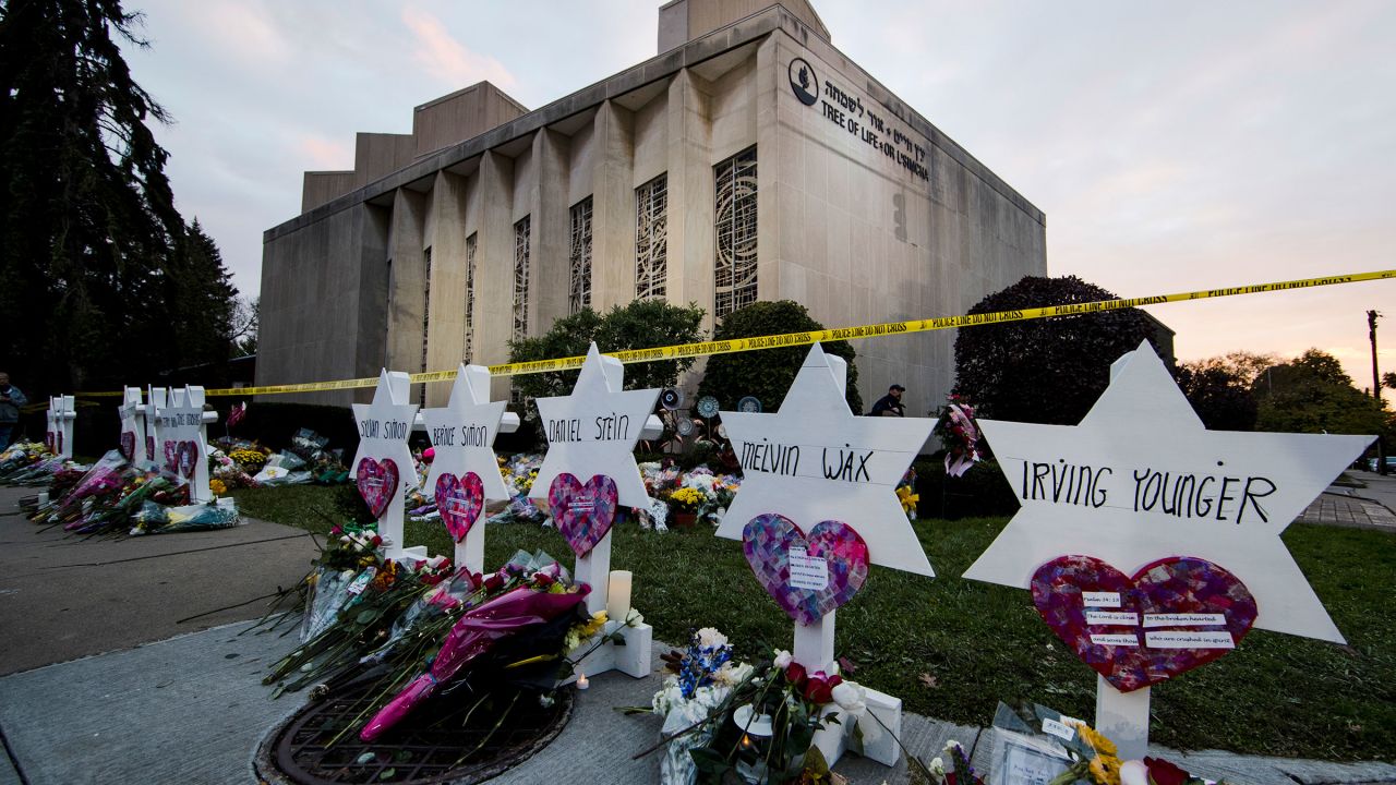 An impromptu memorial stands in 2018 outside the Tree of Life Synagogue in Pittsburgh.