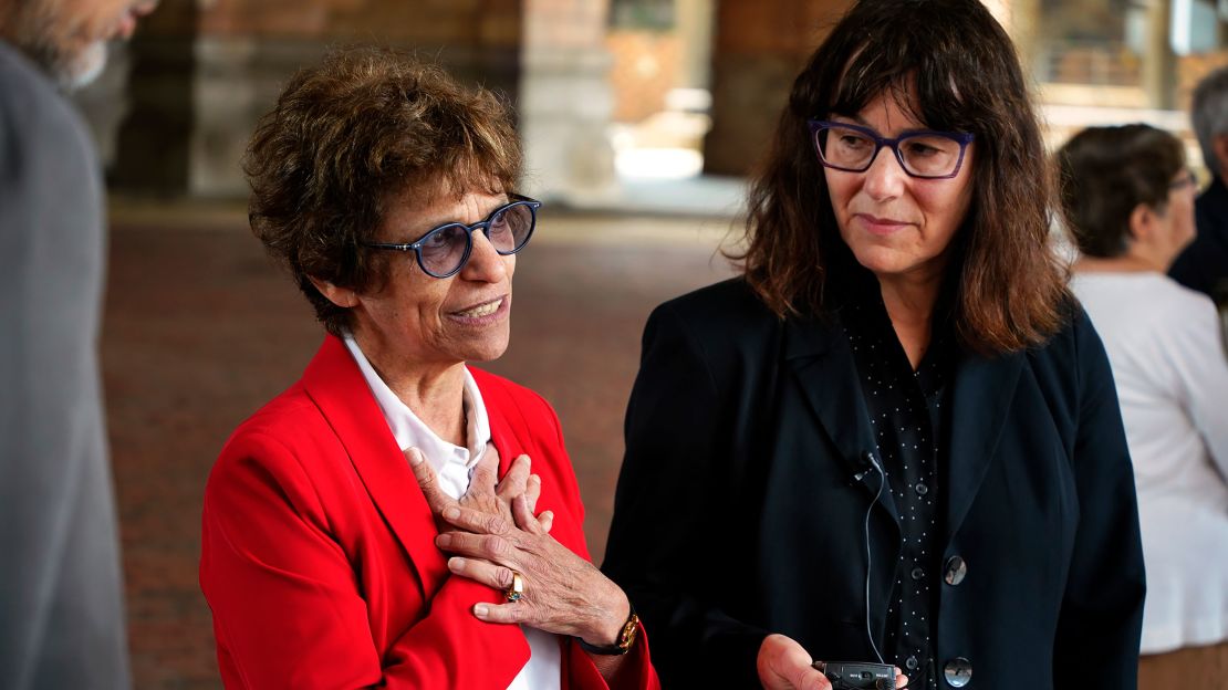 Ellen Surloff, left, vice president of Congregation Dor Hadash, and Jo Recht, president of the congregation, speak on June 16 after the gunman was found guilty.