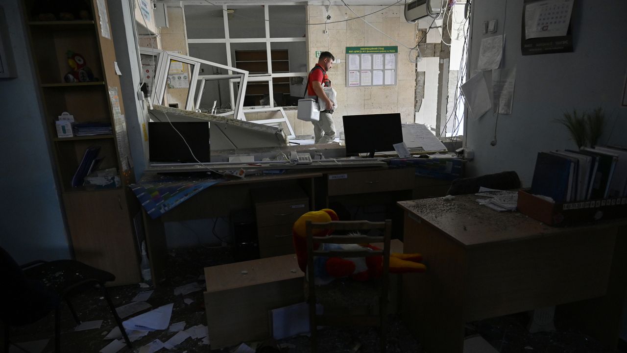 A clinic destroyed by a Russian rocket attack in Ukraine's capital, Kyiv, on June 1, 2023