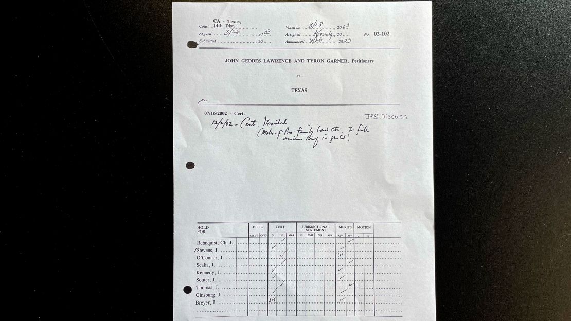 Justice Stevens' record of the justices' private votes on whether to hear the case of Lawrence v. Texas (that is, grant or deny certiorari) and then whether to reverse or affirm the lower court ruling against the men.