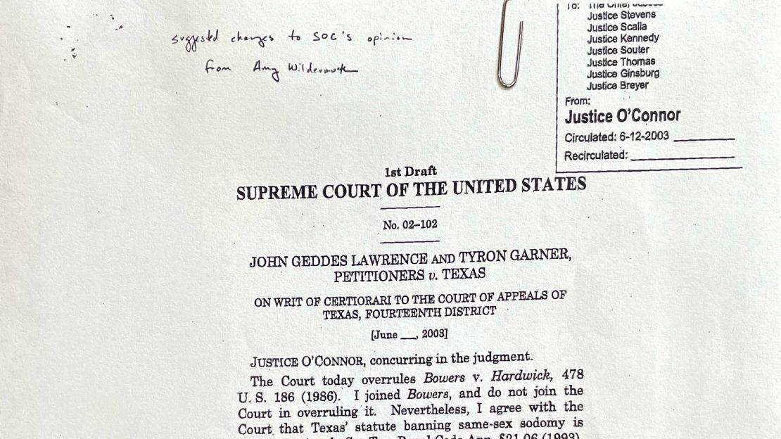 Draft of concurrence from Justice Sandra Day O'Connor with reference to clerk Amy Wildermuth.