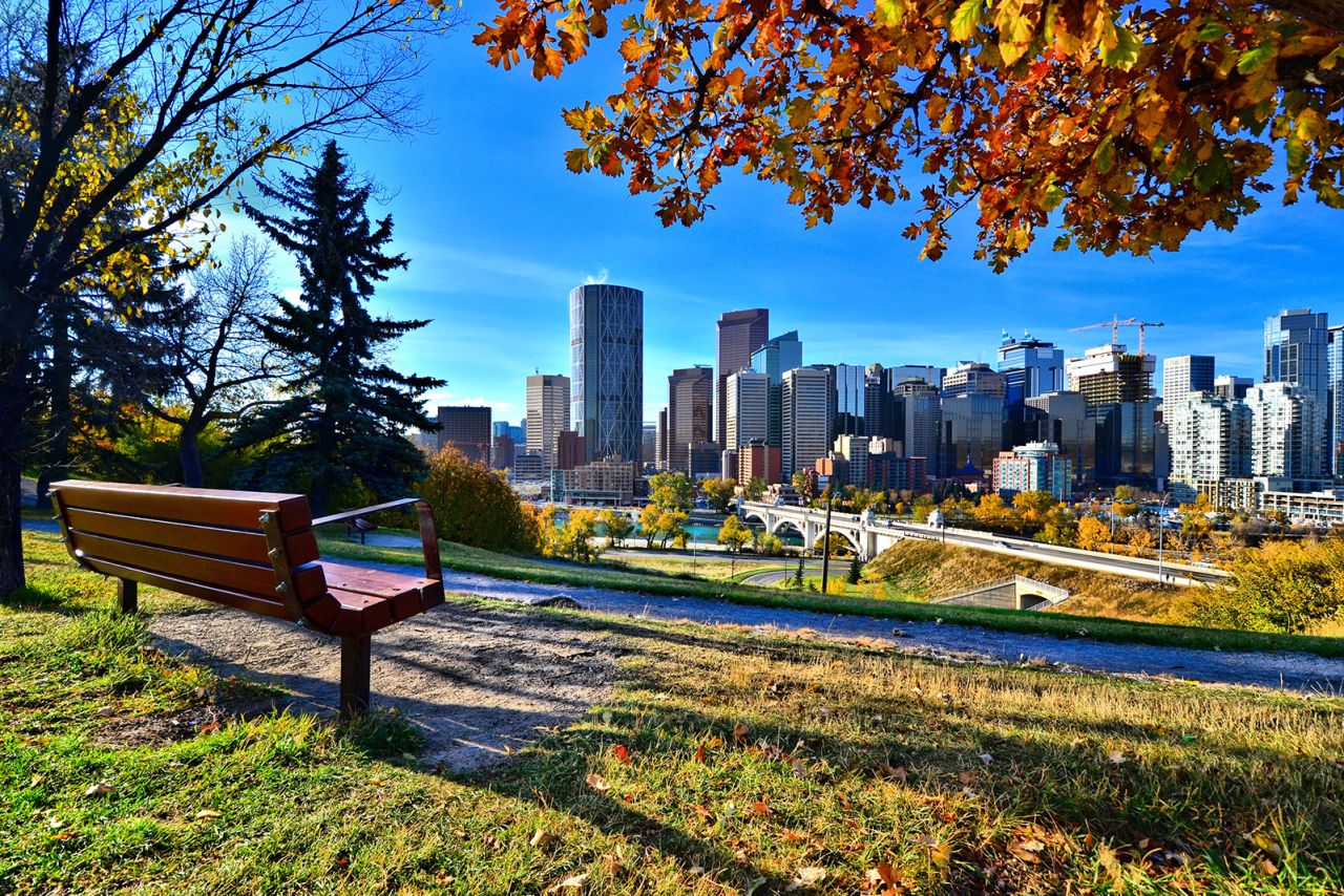 View from a park overlooking the skyline Calgary, Alberta during autumn