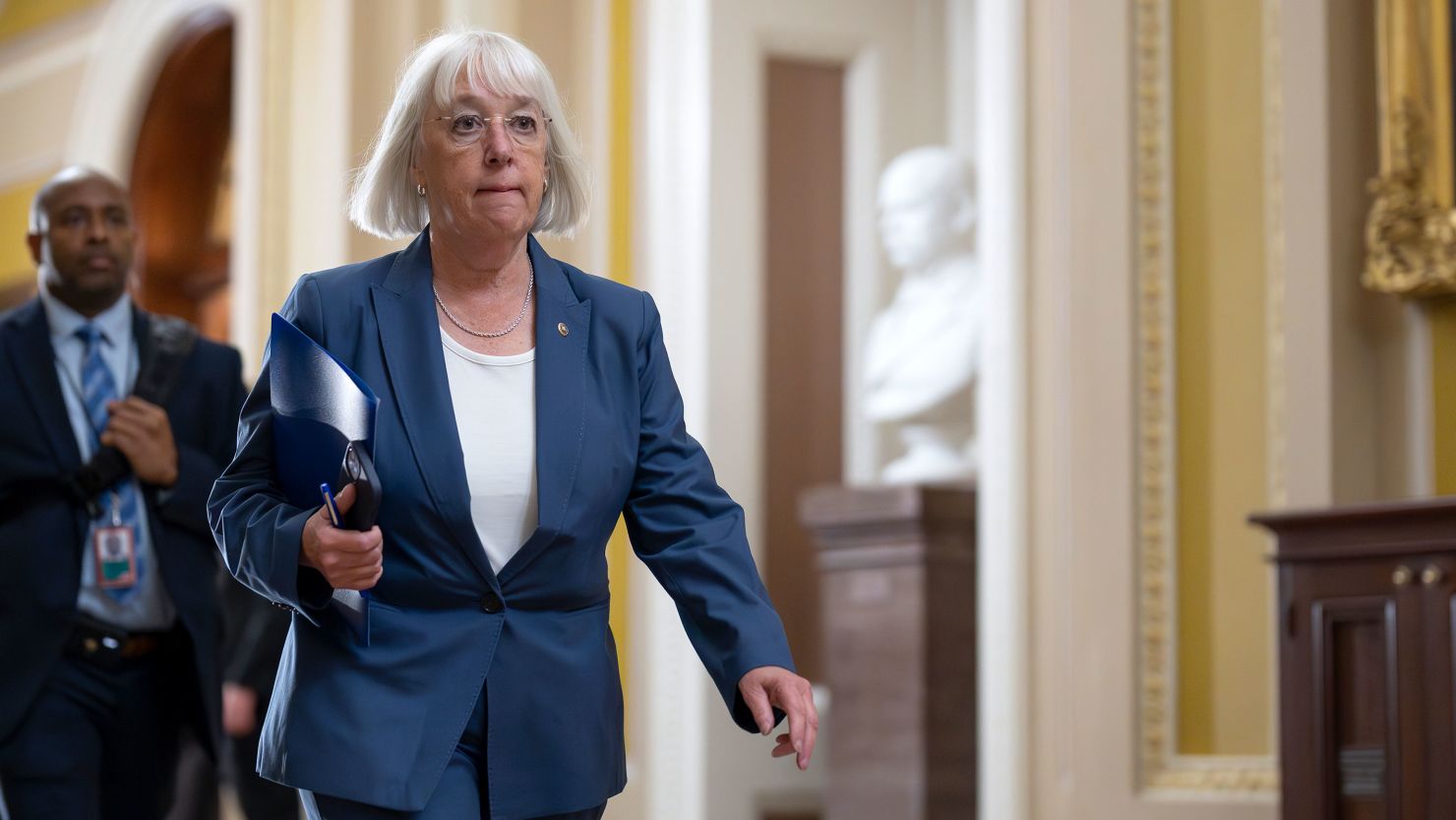 Senate Appropriations Committee Chair Patty Murray who also serves as the president pro tempore of the Senate, arrives to meet with the Senate Democratic Caucus, at the Capitol in Washington, DC, on June 13.
