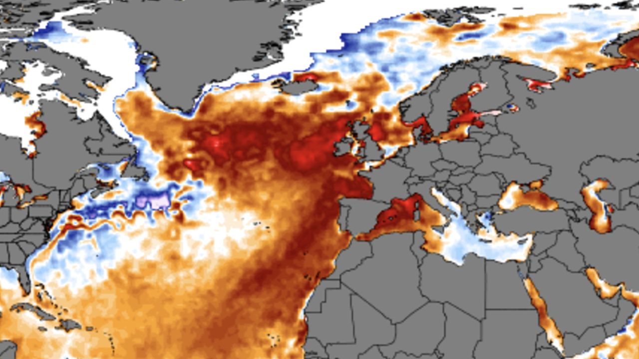 A map shows the sea surface temperature anomaly on Sunday, June 18.  Temperatures off the coast of the UK and Ireland are several degrees higher than usual.