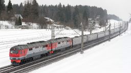 An image from an amateur Russian trainspotting website appears to show President Vladimir Putin's train. It's painted to look like an ordinary Russian Railways train. But according to the Dossier Center, certain features make it identifiable as his. Photo credit: Obtained by CNN.