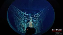 A file photo shows the RMS Titanic shipwreck from a viewport of an OceanGate Expeditions submersible.
