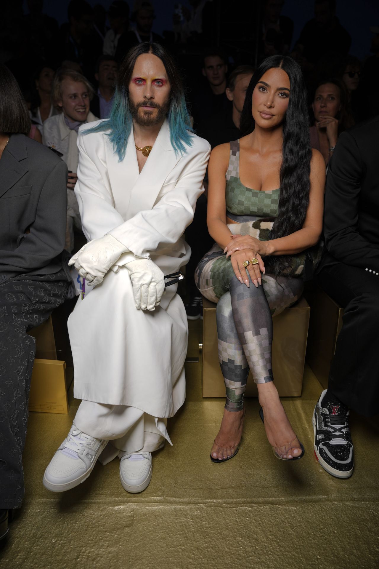 Jared Leto and Kim Kardashian at the Louis Vuitton Spring 2024 Menswear Collection Runway Show on June 20, 2023 in Paris, France. (Photo by Swan Gallet/WWD via Getty Images)