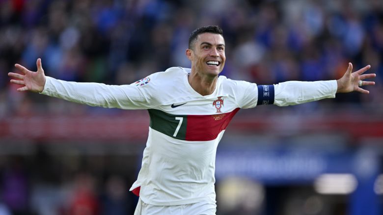 REYKJAVIK, ICELAND - JUNE 20: Cristiano Ronaldo of Portugal celebrates his goal on his 200 appearance for portugal during the UEFA EURO 2024 Qualifying Round Group J match between Iceland and Portugal at Laugardalsvollur on June 20, 2023 in Reykjavik, Iceland. (Photo by Will Palmer/Sportsphoto/Allstar via Getty Images)