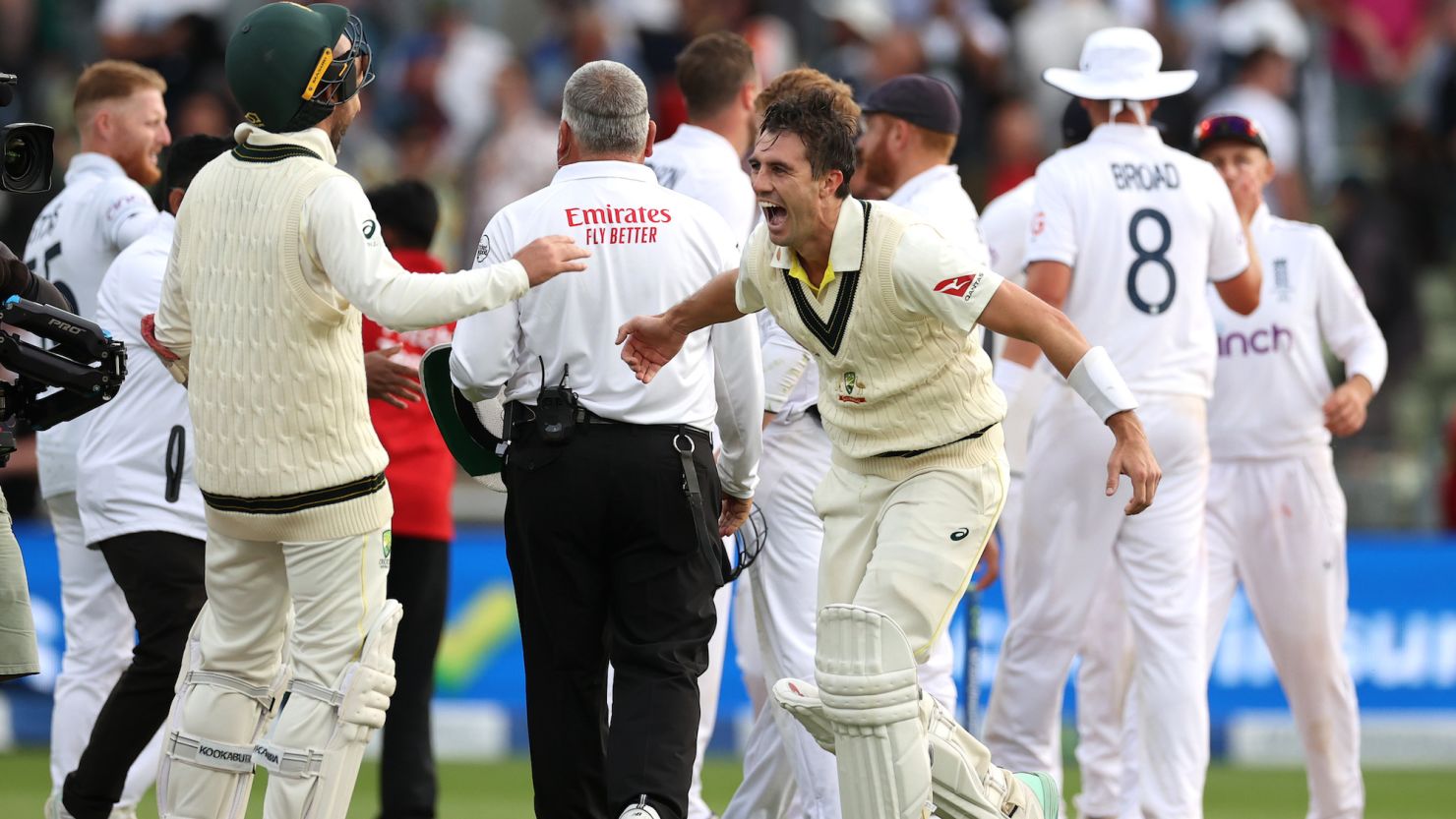 BIRMINGHAM, ENGLAND - JUNE 20: Pat Cummins of Australia and Nathan Lyon of Australia celebrate victory during Day Five of the LV= Insurance Ashes 1st Test match between England and Australia at Edgbaston on June 20, 2023 in Birmingham, England. (Photo by Ryan Pierse/Getty Images)