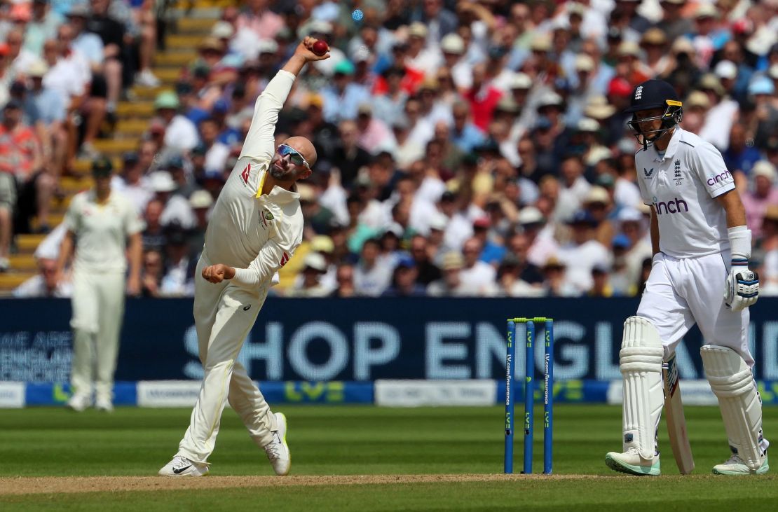 Australia's Nathan Lyon (L) bowls on day four of the first Ashes cricket Test match between England and Australia at Edgbaston in Birmingham, central England on June 19, 2023. (Photo by Geoff Caddick / AFP) / RESTRICTED TO EDITORIAL USE. NO ASSOCIATION WITH DIRECT COMPETITOR OF SPONSOR, PARTNER, OR SUPPLIER OF THE ECB (Photo by GEOFF CADDICK/AFP via Getty Images)