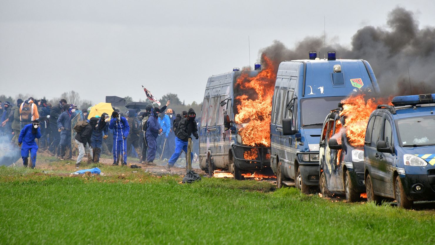 The climate group "Les Soulevements de la Terre" was among those protesting against a new water reserve for agricultural irrigation, in Sainte-Soline, central-western France, on March 25, 2023.