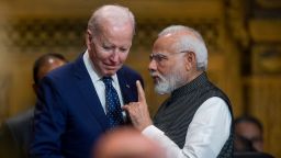 US President Joe Biden (L) talks with India's Prime Minister Narendra Modi at the opening of the G20 Summit in Nusa Dua on the Indonesian resort island of Bali on November 15, 2022. (Photo by BAY ISMOYO / POOL / AFP) (Photo by BAY ISMOYO/POOL/AFP via Getty Images)