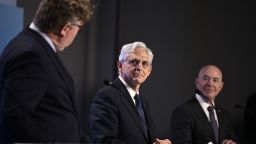 Attorney General Merrick Garland attends a press conference with Sweden's Minister for Justice Gunnar Strommer and Homeland Security Alejandro Mayorkas in Stockholm, Sweden, on June 21. 