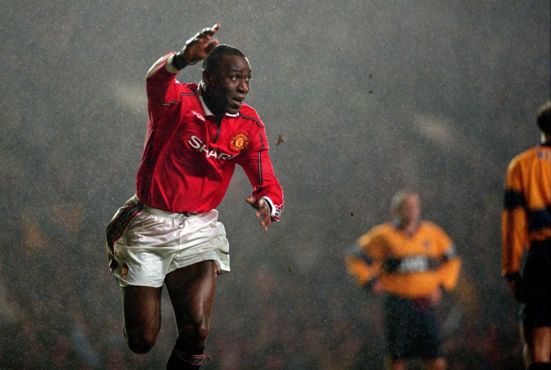 17 February 1999, Manchester - FA Carling Premiership - Manchester United v Arsenal - Andy Cole of Manchester United celebrates after scoring a goal. (Photo by Mark Leech/Offside via Getty Images)